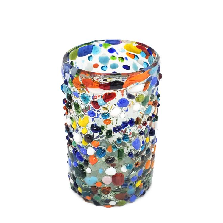 Ofertas / vasos Jugo 9oz Confeti granizado, 9 oz, Vidrio Reciclado, Libre de Plomo y Toxinas / Deje entrar a la primavera en su casa con ste colorido juego de vasos. El decorado con vidrio multicolor los hace resaltar en cualquier lugar.